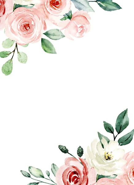 Floral Frame Border Flowers Watercolor Art Painting Greeting Card Template — 图库照片