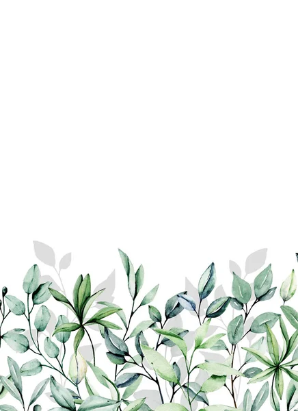 Beyaz arka planda suluboya yaprakları ve çiçekli tebrik kartı şablonu, çiçek çerçeveleri