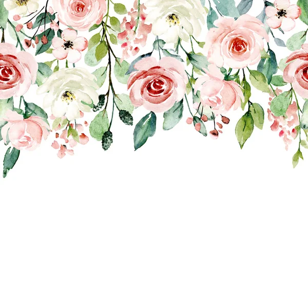 Floral Πλαίσιο Συνόρων Λουλούδια Ακουαρέλα Ζωγραφική Τέχνη Πρότυπο Ευχετήρια Κάρτα — Φωτογραφία Αρχείου