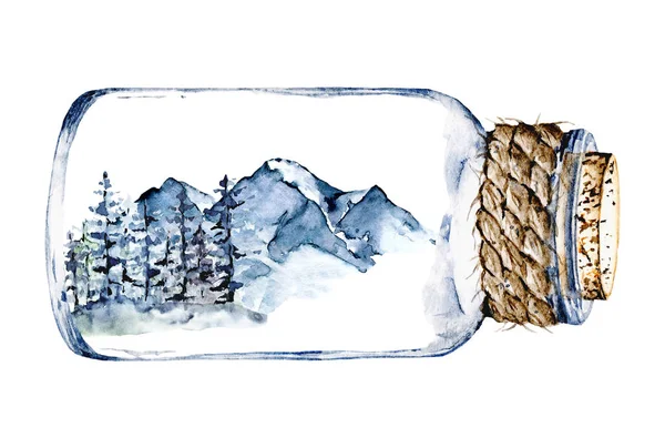 glass jar with snowy mountains and trees inside, watercolor drawing concept 