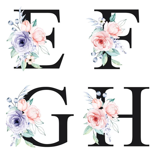 floral alphabet, letters E, F, G, H with watercolor flowers, creative art design, monogram initials