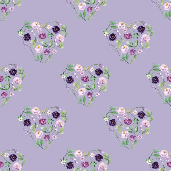 Watercolor Painting Floral Hearts Roses Seamless Pattern — 스톡 사진