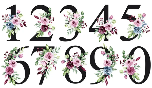 numbers set with watercolor art painting elements on white background