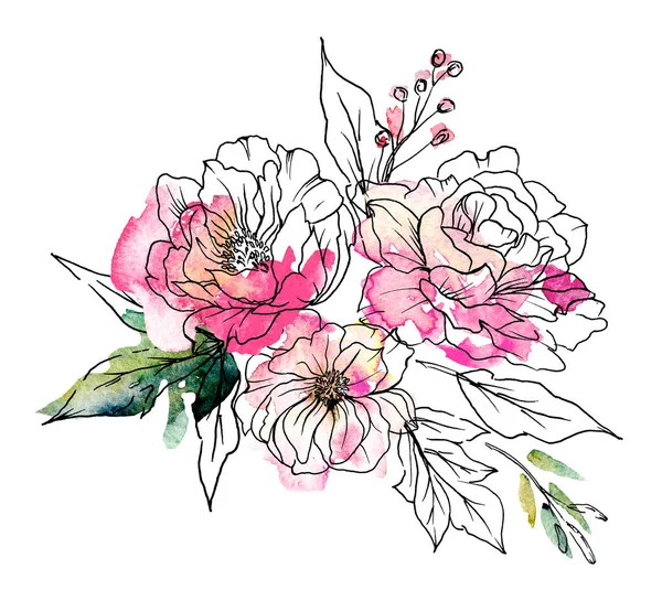Watercolor Bouquet Line Art Floral Elements — 스톡 사진