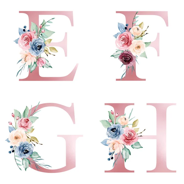 floral alphabet, letters E, F, G, H with watercolor flowers, creative art design, monogram initials