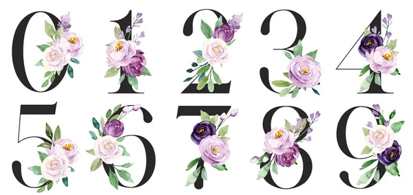 Çiçek elementleri ve suluboya resim içeren 0 'dan 9' a rakamlar