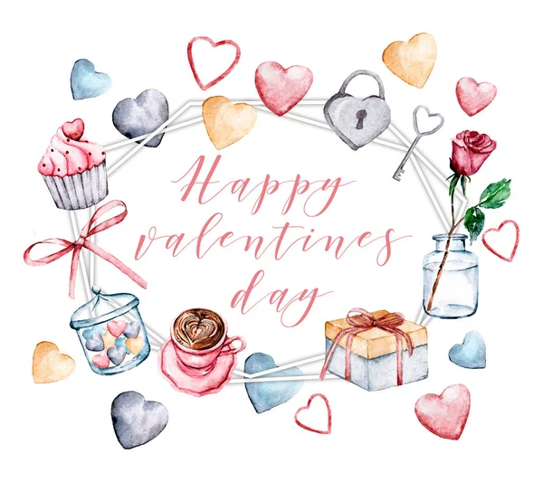 Valentijnsdag Decoratie Aquarel Tekening Wenskaarten Ontwerp Geïsoleerd Wit — Stockfoto