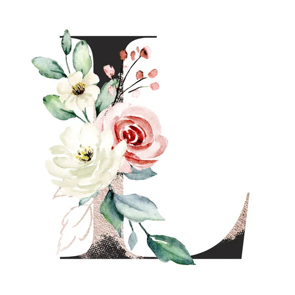 Akwarela Malarstwo Sztuki Litera Kwiatami Liśćmi Alfabet Kwiatowy — Zdjęcie stockowe
