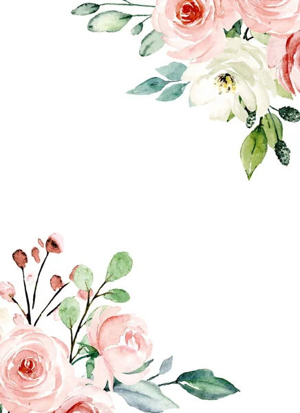 Floral Πλαίσιο Συνόρων Λουλούδια Ακουαρέλα Ζωγραφική Τέχνη Πρότυπο Ευχετήρια Κάρτα — Φωτογραφία Αρχείου