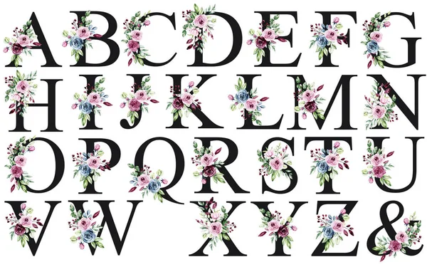 alphabet with floral elements, art watercolor painting letters with flowers and leaves