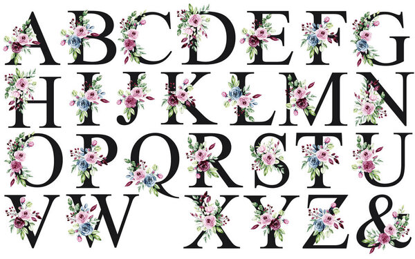алфавит с цветочными элементами, акварельные буквы с цветами и листьями
