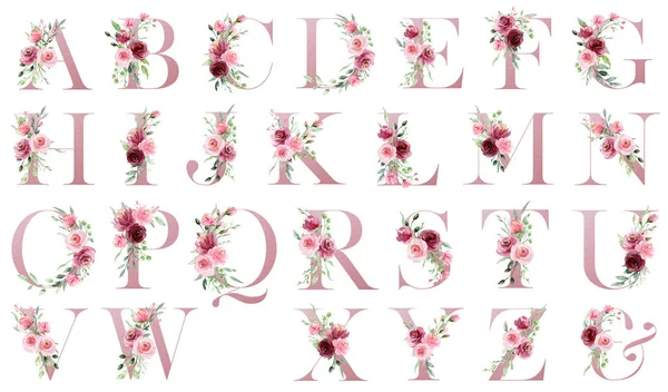 创意花卉字母表 艺术水彩画信件与花卉和树叶 — 图库照片