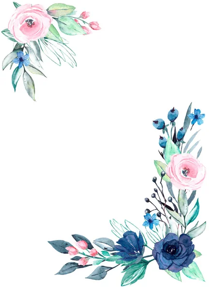 Floral frame border with flowers watercolor art painting, greeting card template