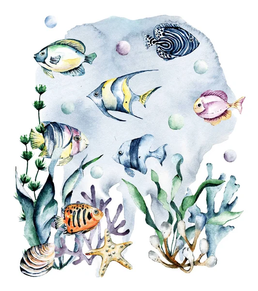 Fish Watercolor Cartoon Sea Landscape Underwater Animals Ocean Life Perfectly — Stock Photo, Image