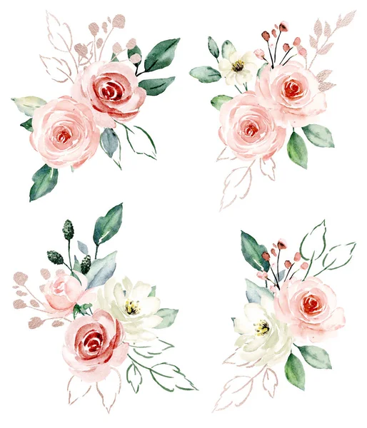 Floral collection with watercolor flowers, set of colorful bouquets