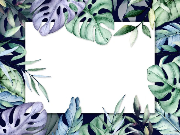 Floral frame border with tropical plants watercolor art painting, greeting card template