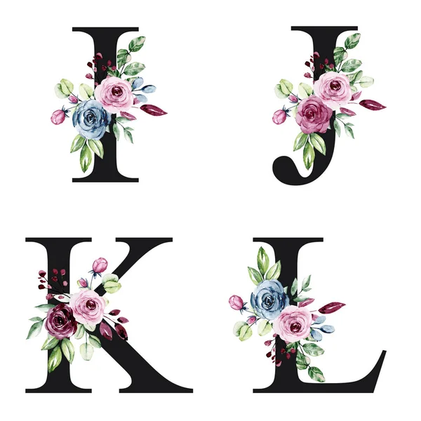 floral alphabet, letters I, J, K, L with watercolor flowers, creative art design, monogram initials