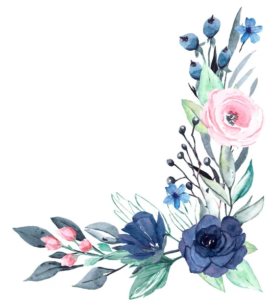 Borda Armação Floral Com Flores Aquarela Arte Pintura Modelo Cartão — Fotografia de Stock