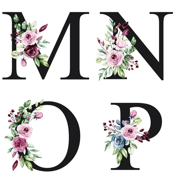 Alfabeto Floral Letras Con Flores Acuarela Diseño Arte Creativo Iniciales — Foto de Stock