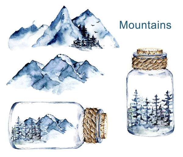 glass jar with snowy mountains and trees inside, watercolor drawing concept 