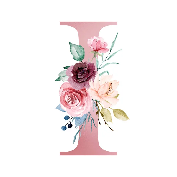 Floral Monogram Letter Watercolor Painting Flowers Leaves — 스톡 사진