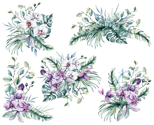 Floral collection with watercolor flowers, set of colorful bouquets