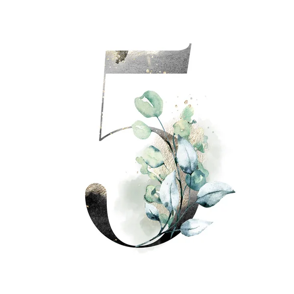 Nummer Auf Weißem Hintergrund Mit Blüten Und Blättern Aquarell Florales — Stockfoto