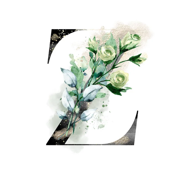 Çiçek alfabesi, suluboya resim, çiçekli ve yapraklı V harfi.