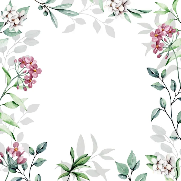 Wenskaart Sjabloon Met Aquarel Bladeren Bloemen Witte Achtergrond Bloemen Frames — Stockfoto