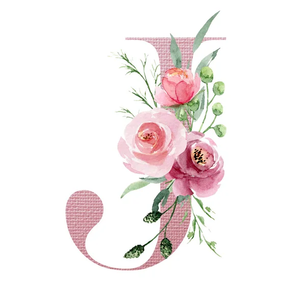 suluboya resim, çiçek ve yapraklı J harfi, çiçek alfabesi.