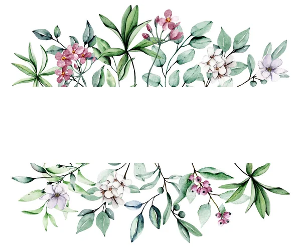 Beyaz arka planda suluboya yaprakları ve çiçekli tebrik kartı şablonu, çiçek çerçeveleri