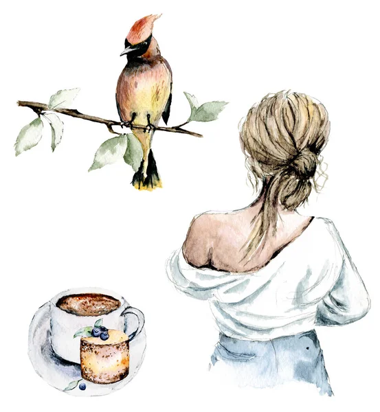 Kız Kuş Kek Kahve Fincanı Suluboya Resmi Beyaz Arkaplanda Izole — Stok fotoğraf