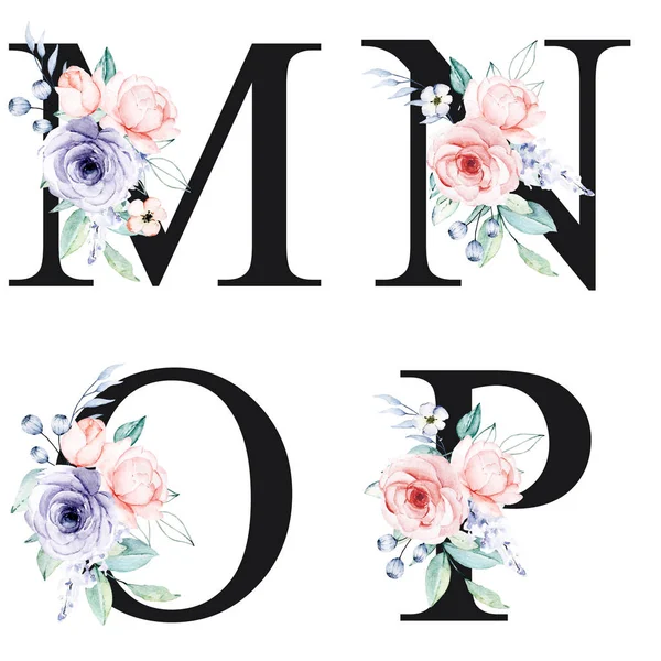 floral alphabet, letters M, N, O, P with watercolor flowers, creative art design, monogram initials