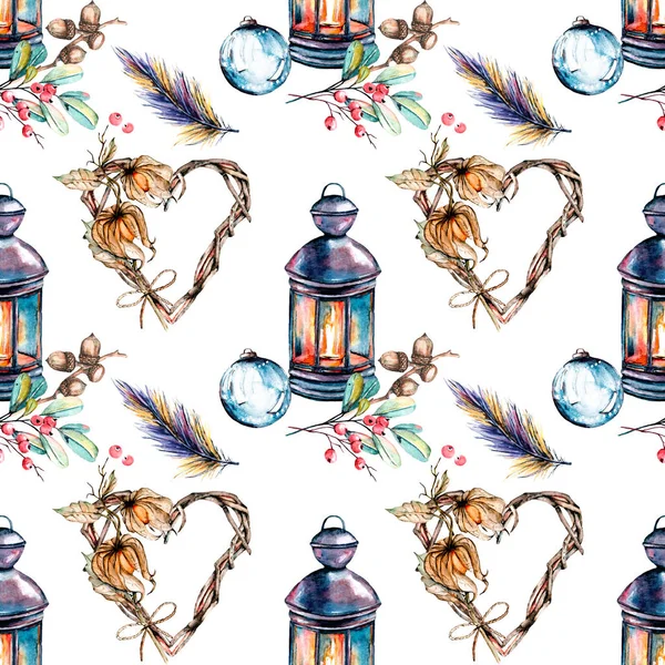 Seamless Christmas Watercolor Pattern Lanterns Candles Wreaths Acorns White Background — Stock Photo, Image