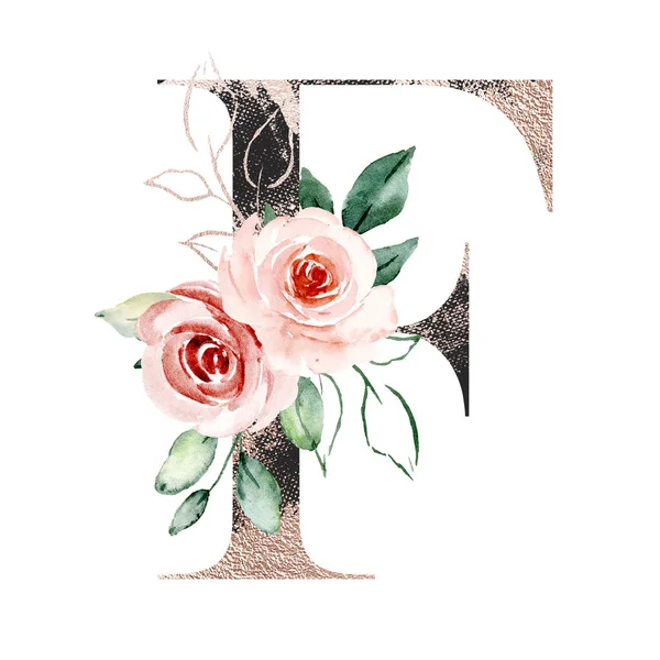 水彩画带有花和叶子的字母f 花卉字母表 图库照片 C Maslovalarisa