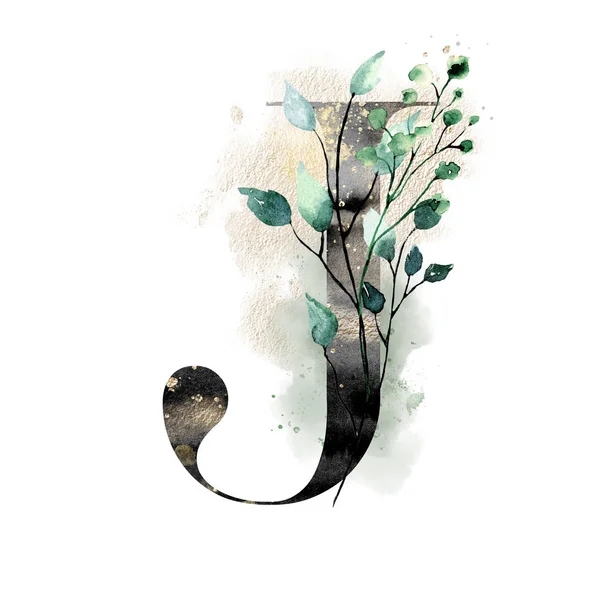 El çizimi suluboya resim, büyük harf J ve çiçek elementleri.