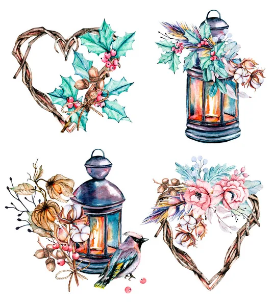 Watercolor flowers set. Frame hearts, lantern, birds for the design of greeting cards, posters, invitations, shows, banners, blogs. Hand drawing. Isolated on white.