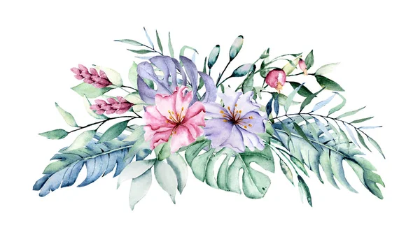 Yapraklı suluboya çiçekler, çiçek boyama konsepti.