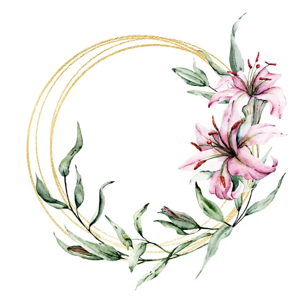Kunstdekoration Mit Kreisförmig Blühenden Lilien Aquarellmalerei — Stockfoto