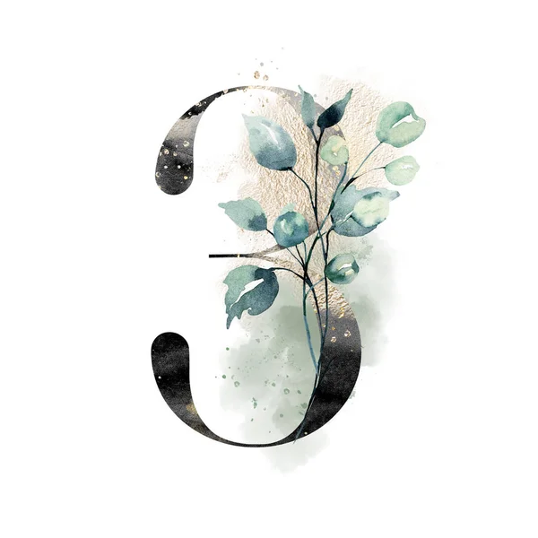 Number White Background Flowers Leaves Made Watercolor Floral Monogram — 图库照片