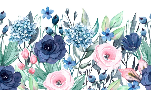 Piękna Granica Akwarela Koncepcja Ramki Kwiatami Ręcznie Malowane — Zdjęcie stockowe