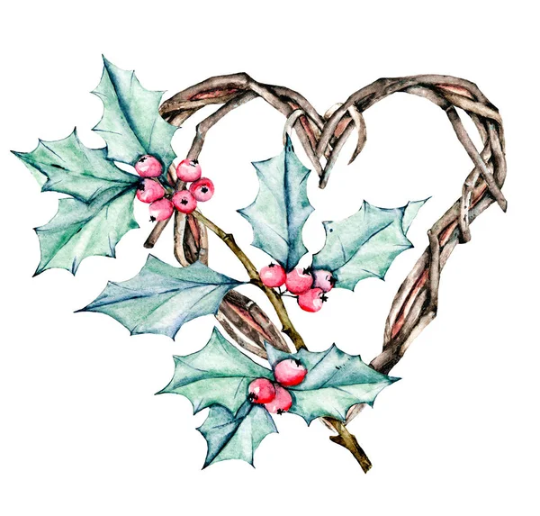 Çiçekli suluboya kalp çelengi, romantik dekorasyon, el çizimi.