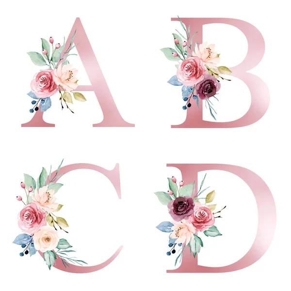 Alphabet Floral Lettres Avec Fleurs Aquarelles Dessin Artistique Créatif Initiales — Photo
