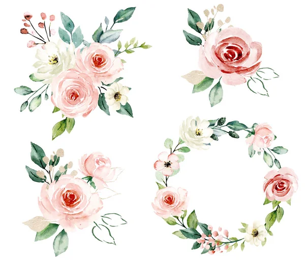 Floral collection with watercolor flowers, set of colorful bouquets