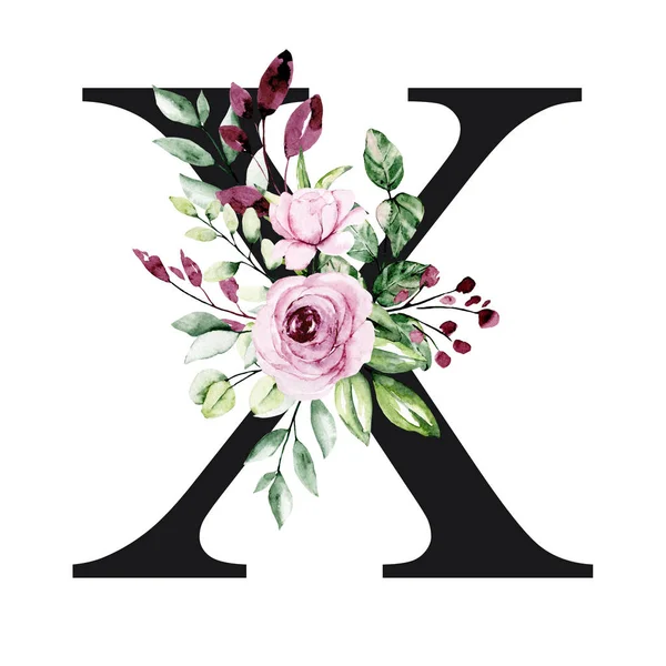 El çizimi suluboya resim, çiçekli X harfi.