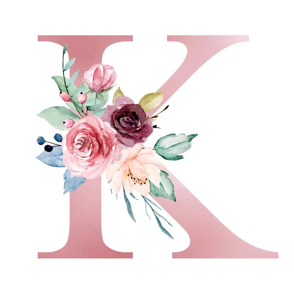 floral monogram, letter K watercolor painting with flowers and leaves