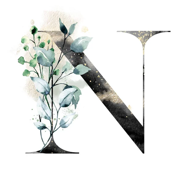 El çizimi suluboya resim, büyük harf N ve çiçek elementleri.