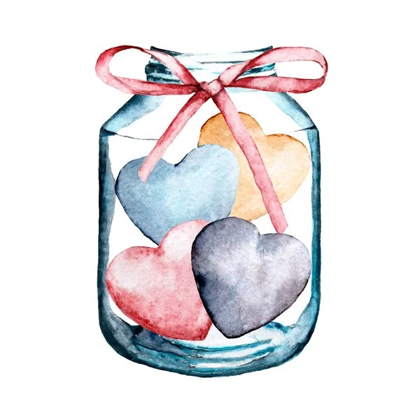 Roztomilý Akvarel Srdce Uvnitř Sklenice — Stock fotografie