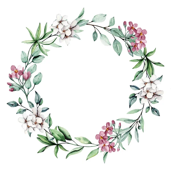 Krans Med Blommor Och Blad Akvarellmålning Blomsterkoncept — Stockfoto