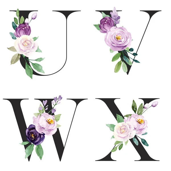 beautiful letters set with flowers and leaves, watercolor painting